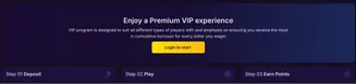 SpinBet VIP program banner with steps to deposit, play, and earn points